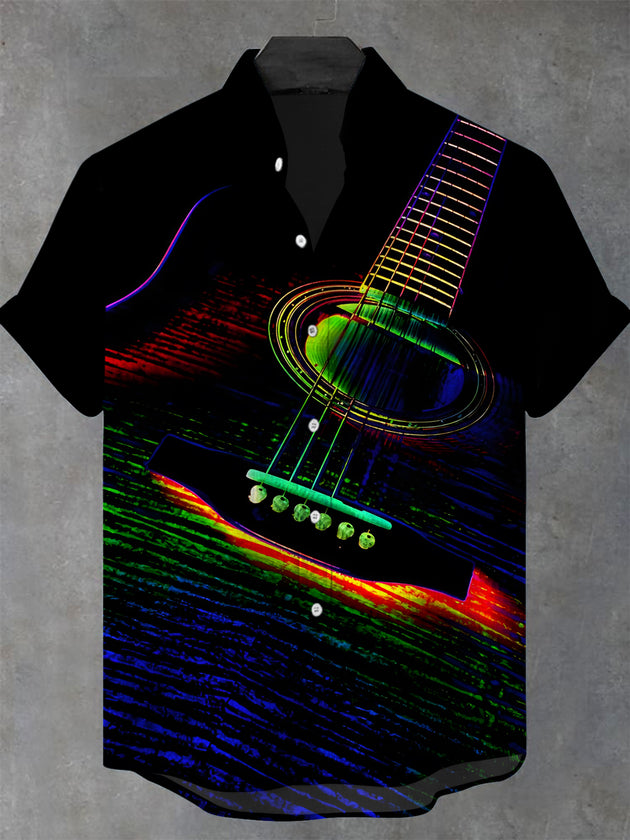 Men's Guitar Print Short Sleeve Stand Collar Shirt Front View