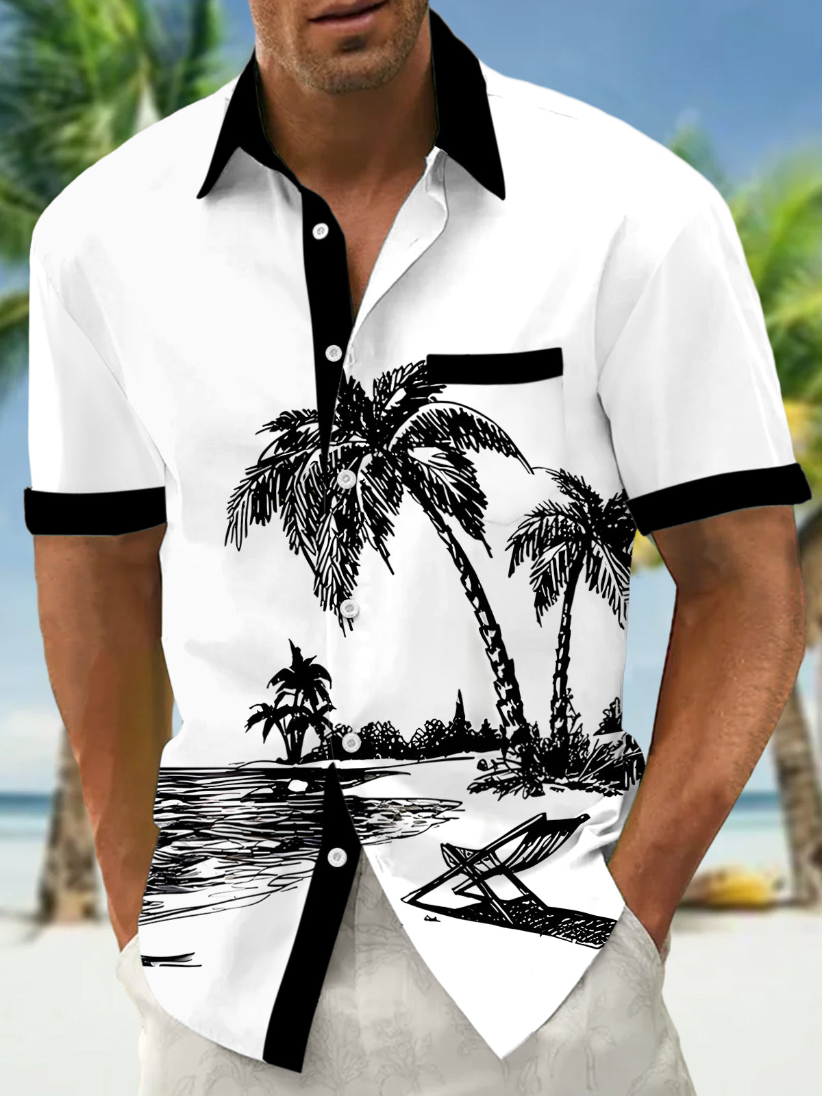 Hawaiian Coconut Tree Men's Pocket Short Sleeve Shirts