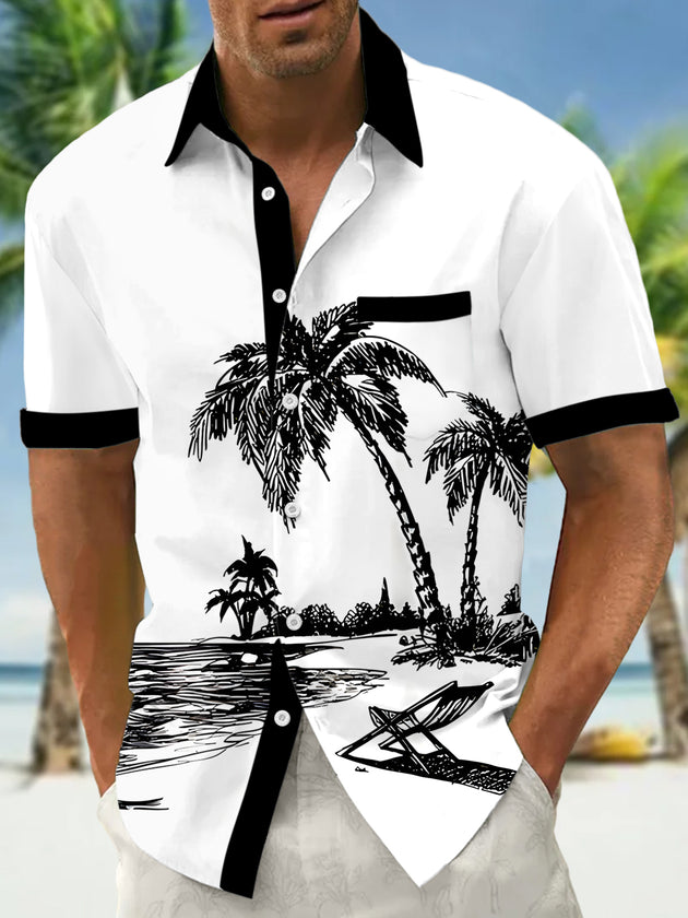 Men's Hawaiian shirt with coconut tree print front view for tropical beach vacation