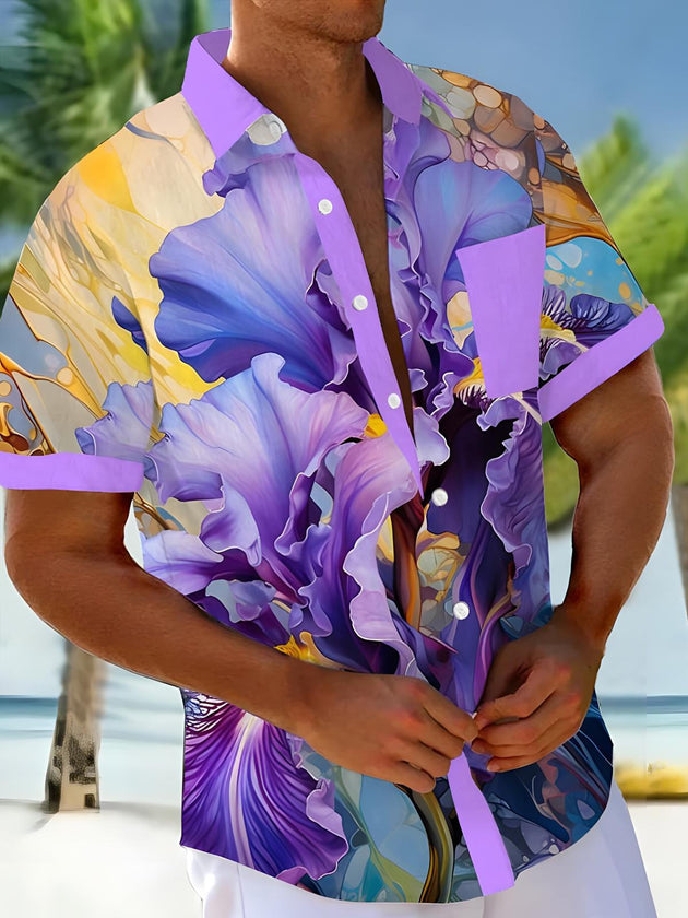 Men's floral short sleeve Hawaiian shirt front view for tropical beach vacation