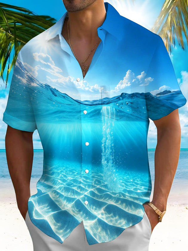 Men's Blue Hawaiian Short Sleeve Shirt Front View Tropical Beach Vacation