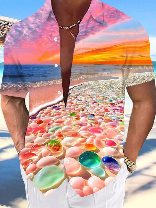 Men's seaside scenery print short sleeve shirt front view for beach vacation