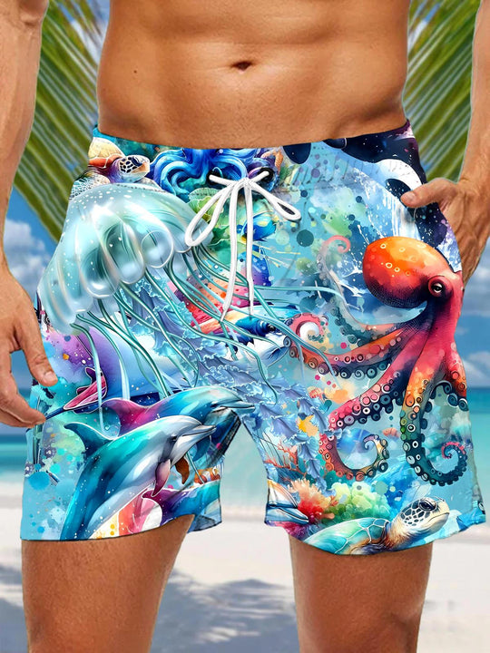 Men's Hawaiian print casual shorts front view for tropical beach vacation