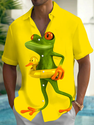 Men's Hawaiian frog short sleeve shirt front view for tropical beach vacation