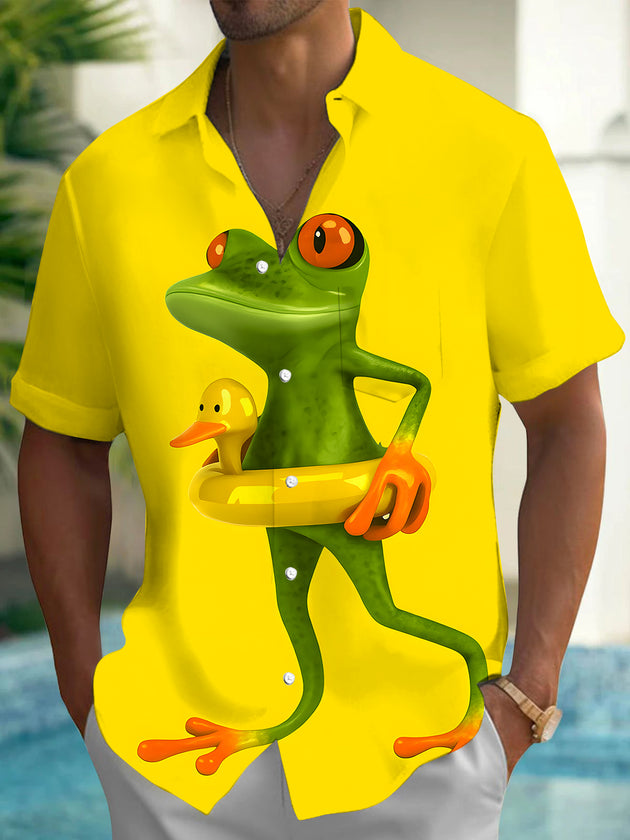 Men's Hawaiian frog short sleeve shirt front view for tropical beach vacation