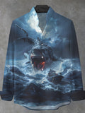 Ocean Shark Boat Men's Pocket Long Sleeve Stand Collar Shirts