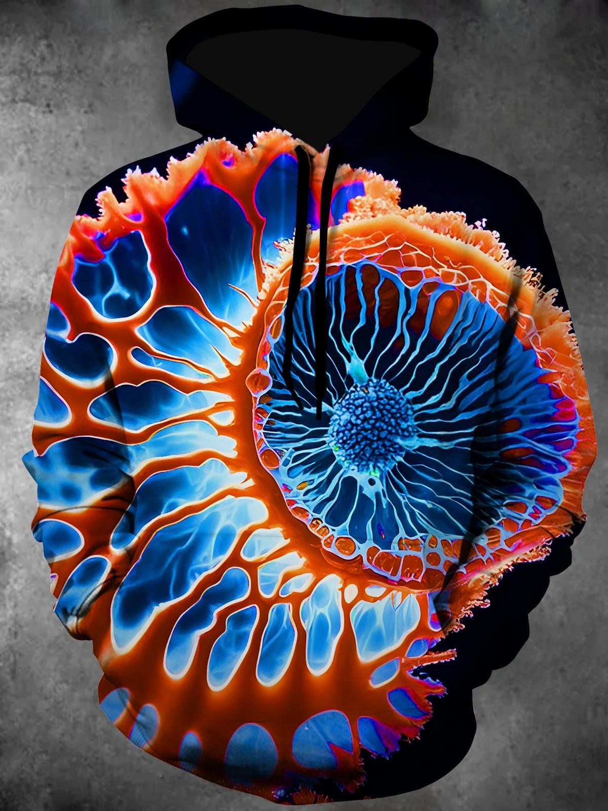 Neon Glow Deep Sea Coral Abstract Long Sleeve Hooded Pocket Men's Top