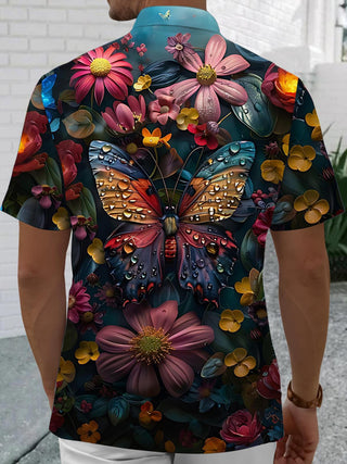 Men's back view butterfly floral print short sleeve pocket shirt