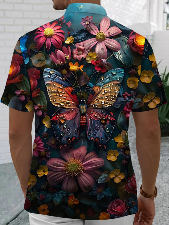 Men's back view butterfly floral print short sleeve pocket shirt
