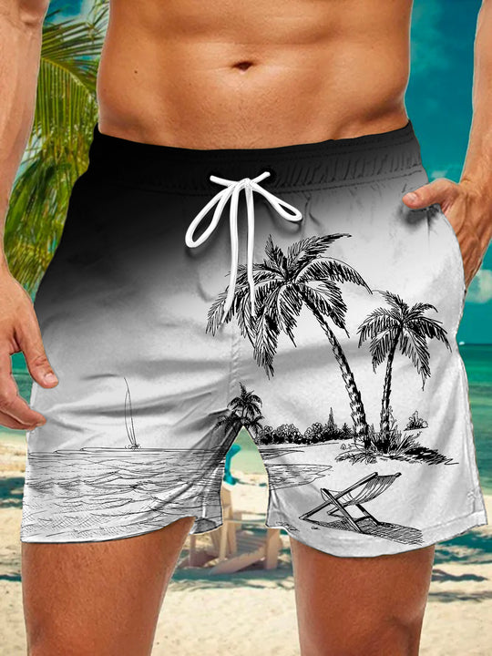 Men's Hawaiian gradient coconut tree print casual shorts front view for tropical beach vacation