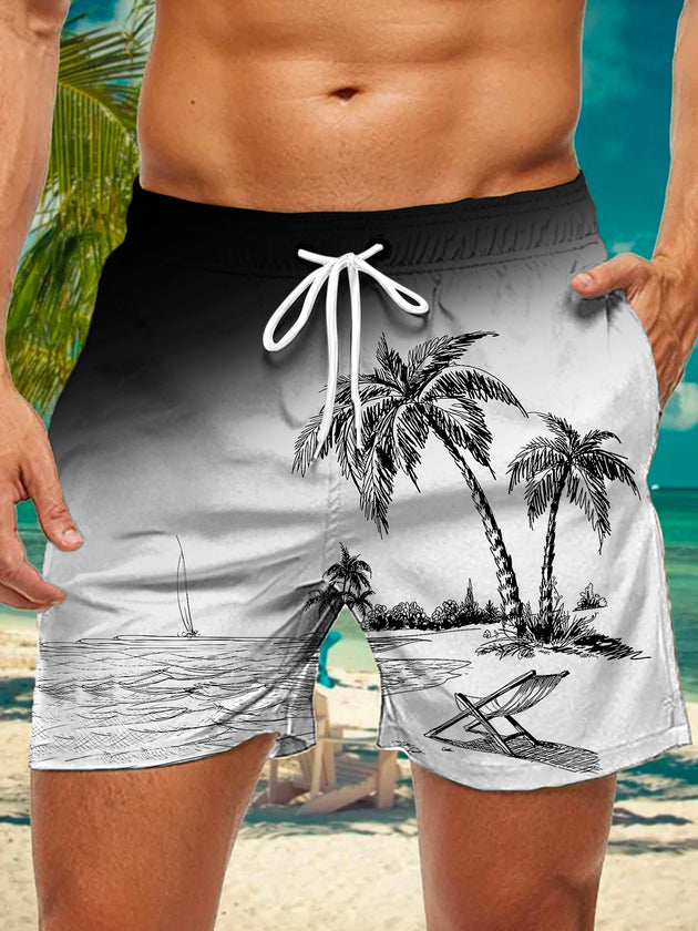 Men's Hawaiian gradient coconut tree print casual shorts front view for tropical beach vacation