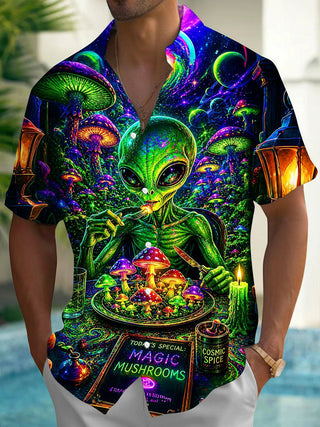 Adaychic Men's Graphic Abstract Alien Magic Mushroom Print Short Sleeve Button Down Shirt with Chest Pocket