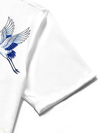 Blue And White Porcelain Landscape Red-crowned Crane Men's Pocket Short Sleeve Shirts