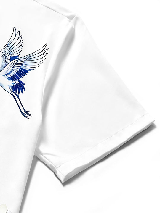 Blue And White Porcelain Landscape Red-crowned Crane Men's Pocket Short Sleeve Shirts