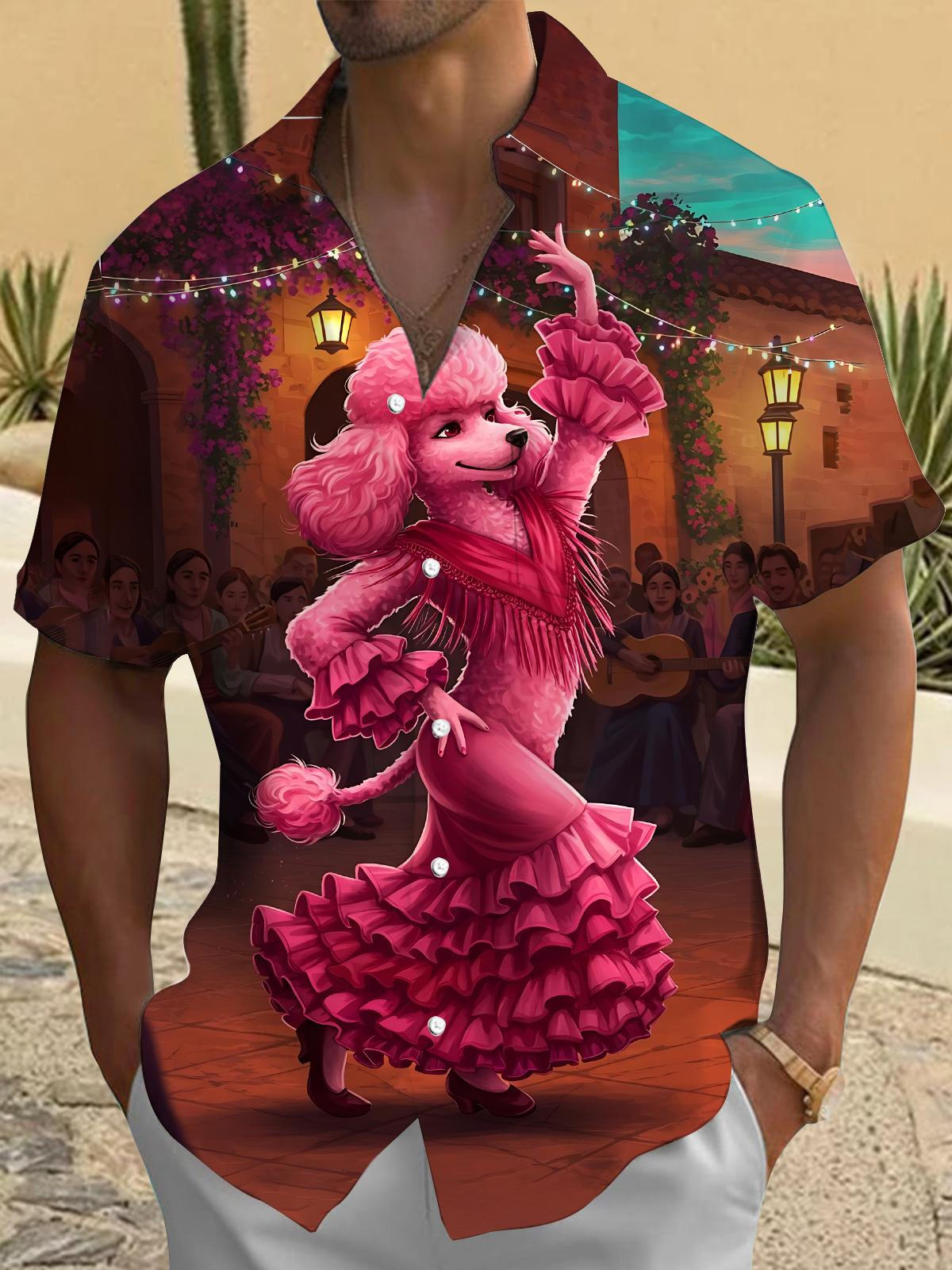 Poodle Dancing Print Men's Pocket Short Sleeve Shirts