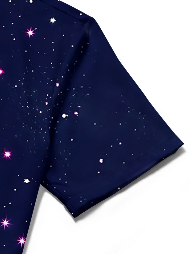 Men's abstract print short sleeve shirt close-up detail view