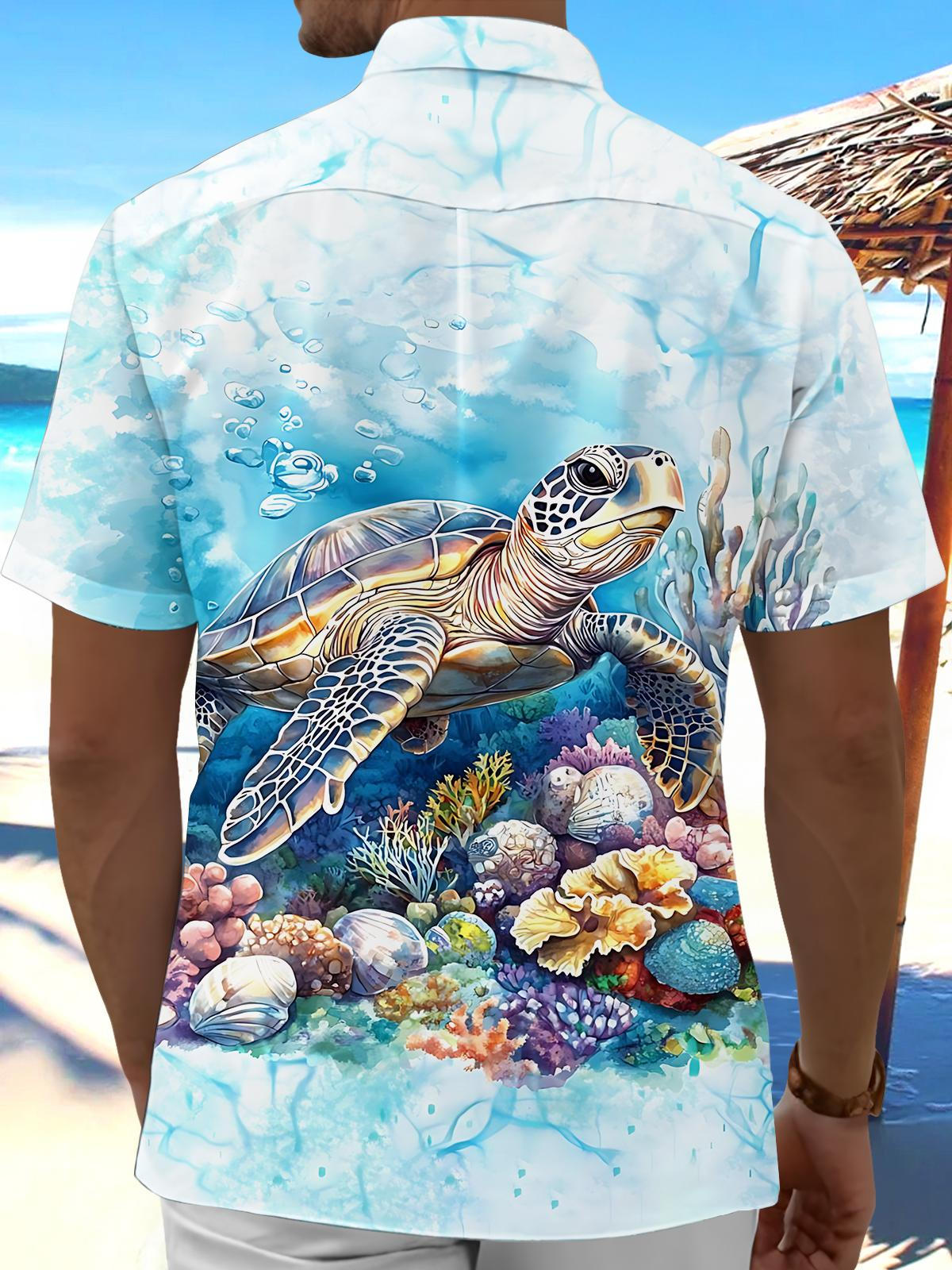 Ocean Turtle Print Men's Pocket Short Sleeve Shirts