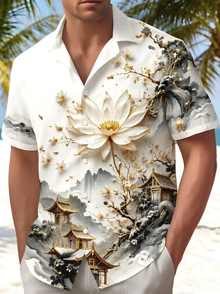 Ink Wash Golden Landscape Lotus Ancient Architecture Art Men's Pocket Short Sleeve Shirts