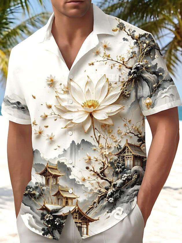 Ink Wash Golden Landscape Lotus Ancient Architecture Art Men's Pocket Short Sleeve Shirts