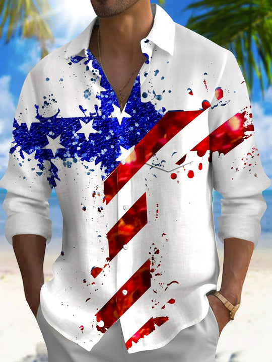 Men's American flag print long sleeve shirt front view Independence Day