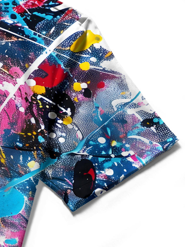 Men's abstract gradient print short sleeve shirt close-up detail view