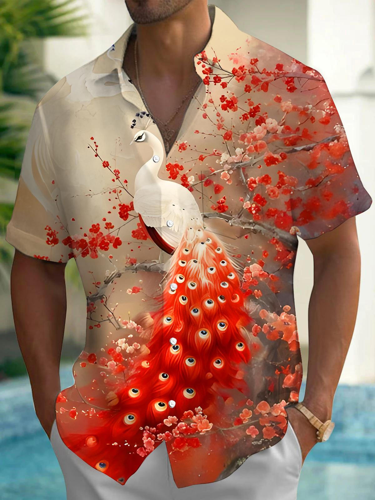 Peacock Floral Men's Pocket Short Sleeve Shirts