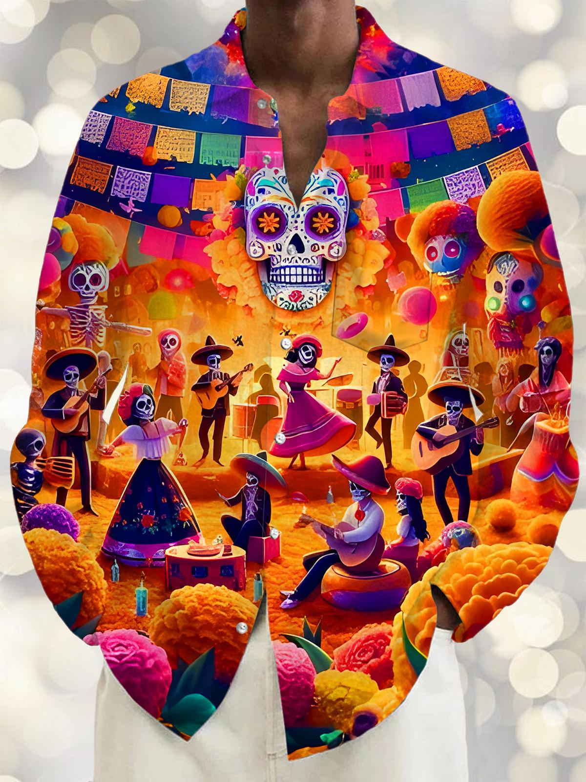 Fun Skull Carnival Concert Men's Pocket Long Sleeve Shirts