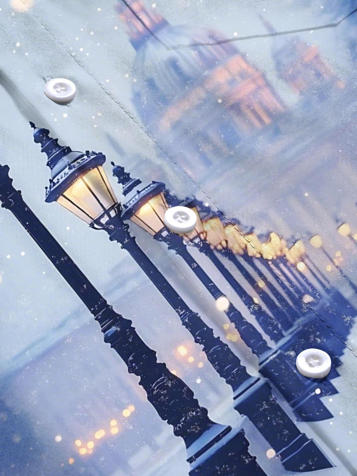 Winter Street Scene Print Men's Pocket Short Sleeve Shirts