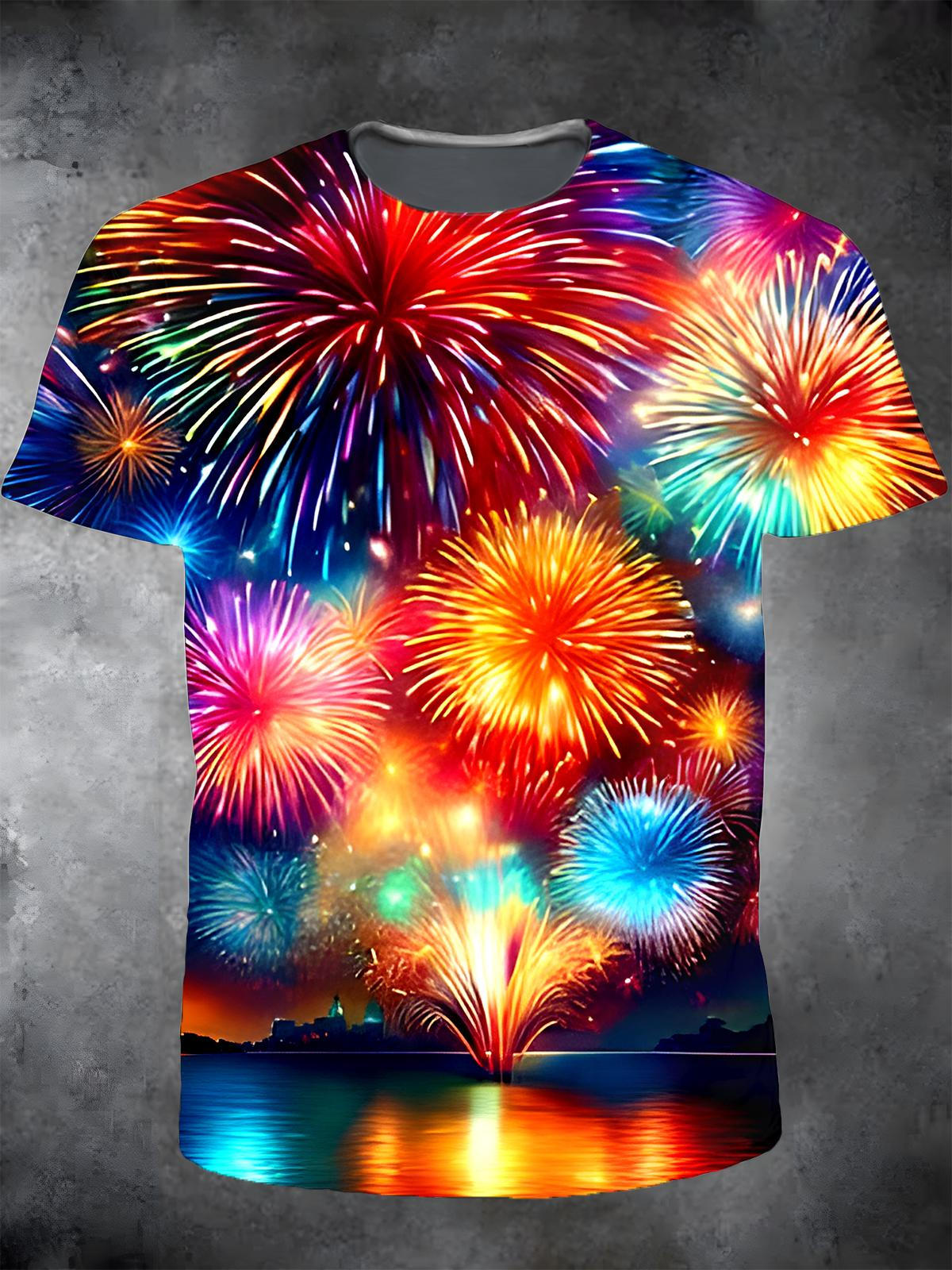 Firework Round Neck Short Sleeve Men's T-shirt