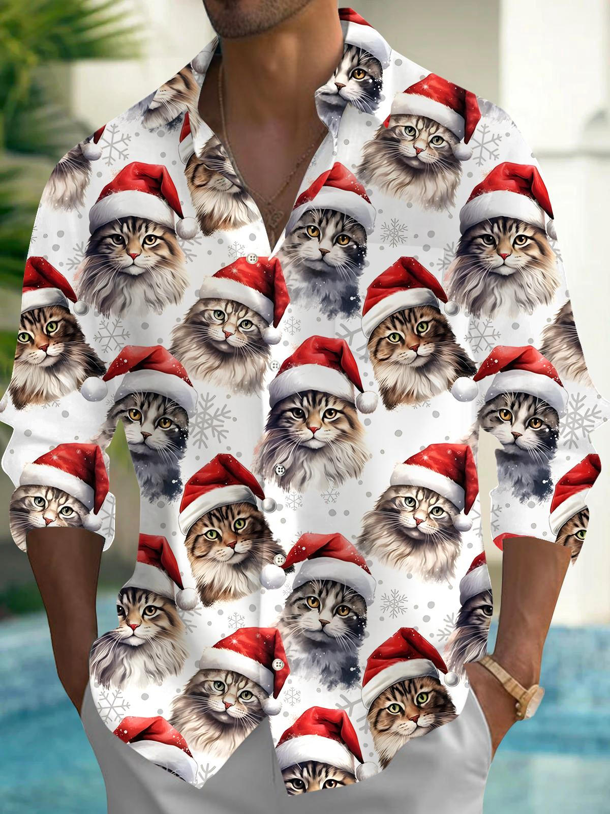 Christmas Cat Men's Pocket Long Sleeve Shirts