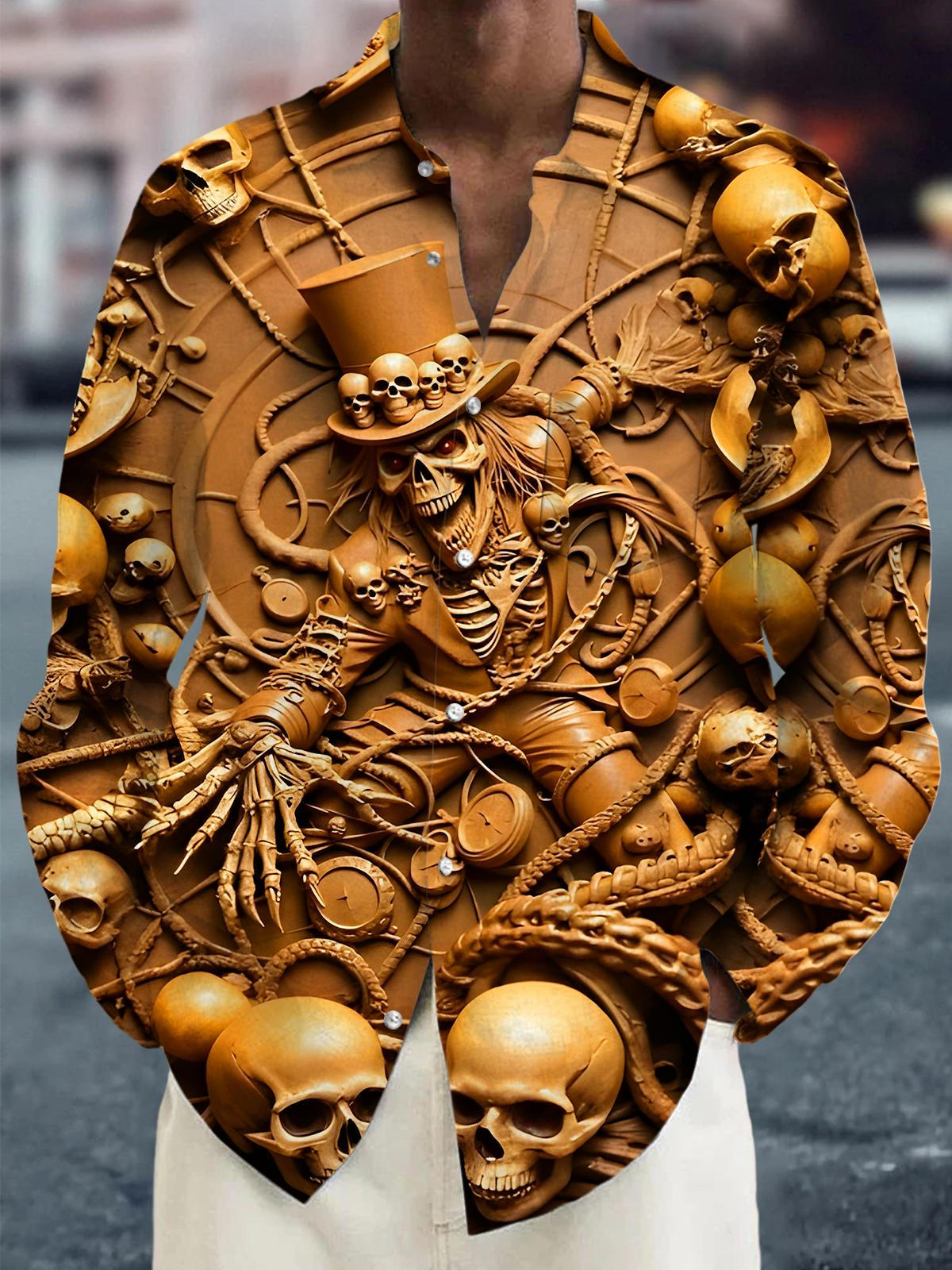 Funny Art Skull Relief Halloween Men's Pocket Long Sleeve Shirts