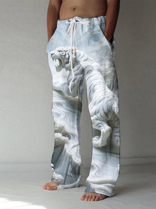 men's forest tiger print casual elastic waist pants front view