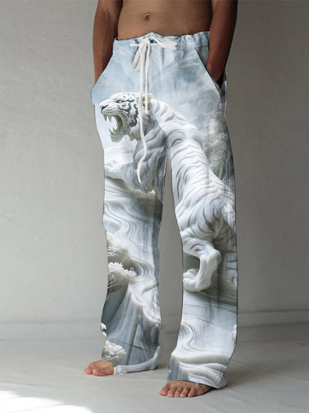 men's forest tiger print casual elastic waist pants front view