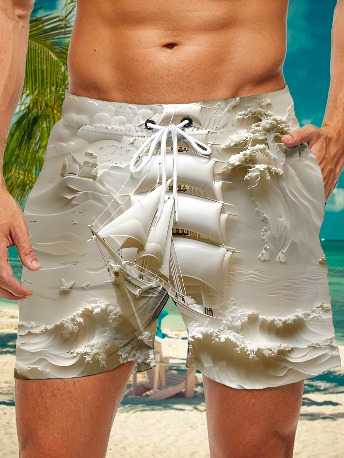 Boat Art Print Men's Print Pocket Shorts