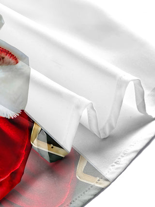 Men's red Santa print short sleeve Cuban collar shirt lifestyle photo at Christmas holiday party