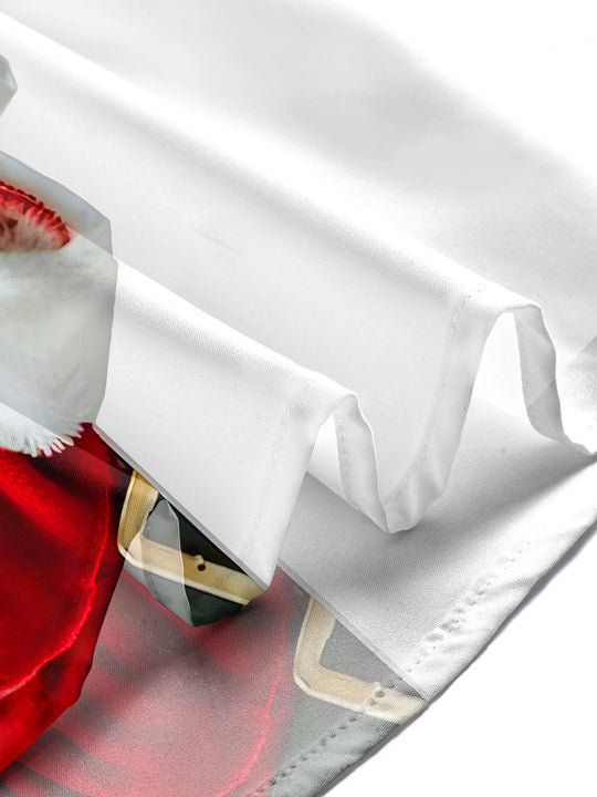 Men's red Santa print short sleeve Cuban collar shirt lifestyle photo at Christmas holiday party