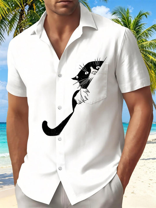 Fun Cat Simple Casual Men's Pocket Short Sleeve Shirts