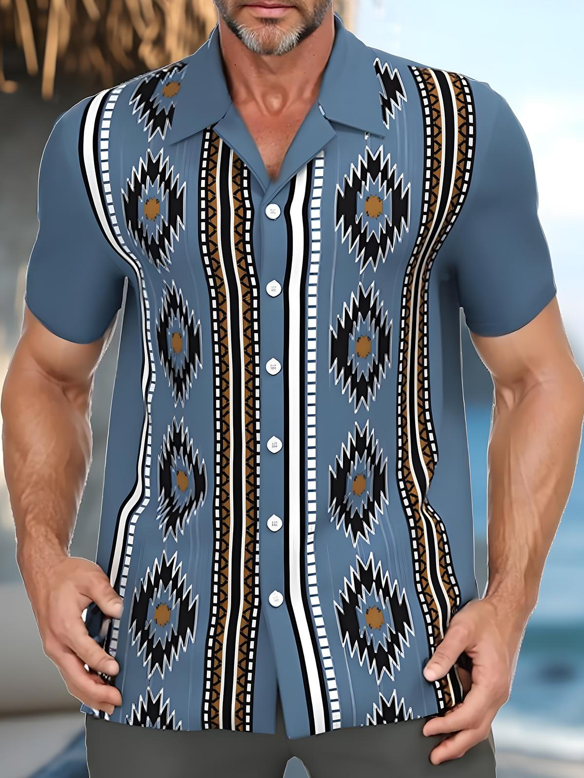 Vintage Geometric Ethnic Print Men's Cuban Collar Short Sleeve Shirt