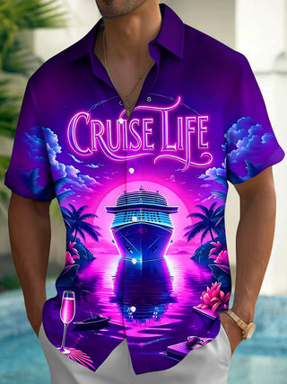 Adaychic Men's Hawaiian Cruise Life Tropical Print Short Sleeve Button Down Shirt with Chest Pocket