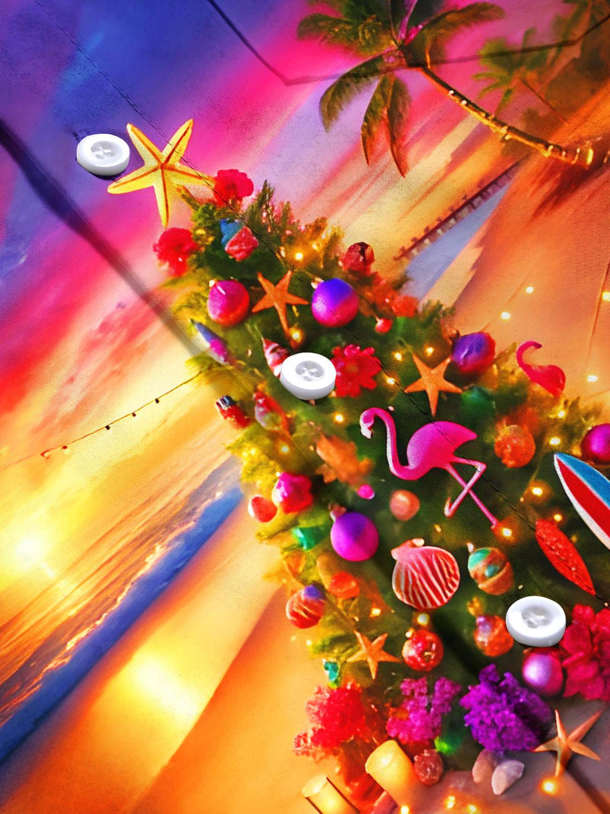 Hawaiian Coconut Trees Christmas Trees Flamingos Sunset Beach Xmas Men's Pocket Short Sleeve Shirts