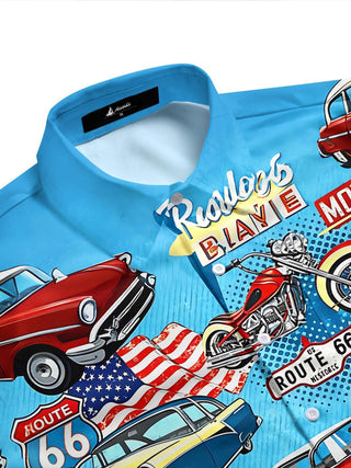 Route 66 Vintage Car American Flag Independence Day Men's Pocket Short Sleeve Shirts