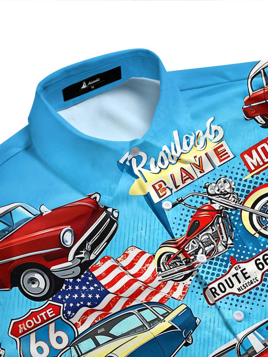Route 66 Vintage Car American Flag Independence Day Men's Pocket Short Sleeve Shirts