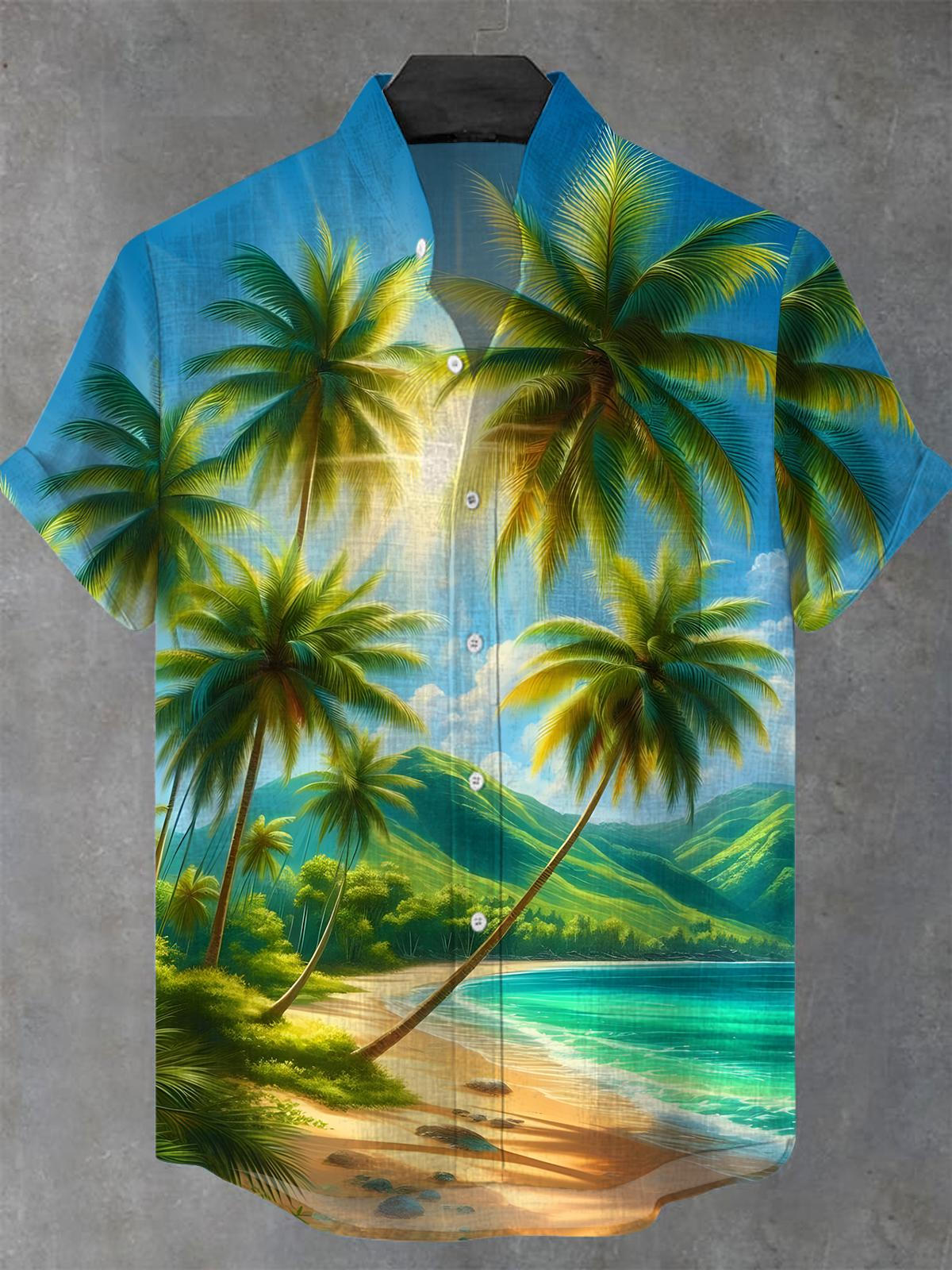 Hawaiian Beach Coconut Tree Print Men's Pocket Short Sleeve Stand Collar Shirts