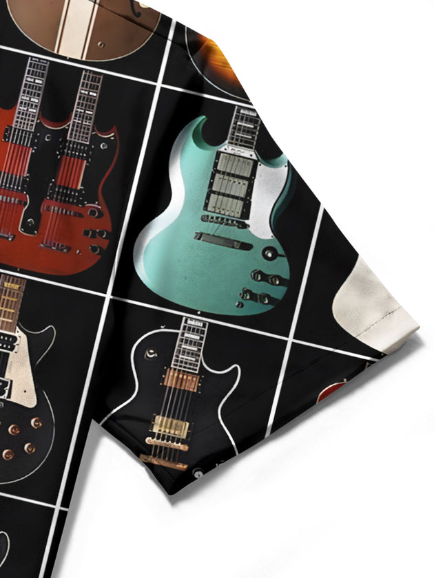 men's guitar print shirt close-up short sleeve