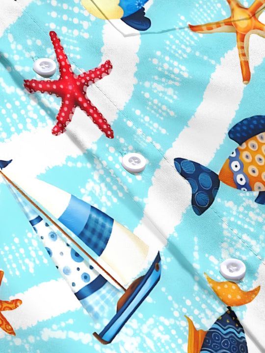Men's blue Hawaiian marine life boat print short sleeve shirt flat lay