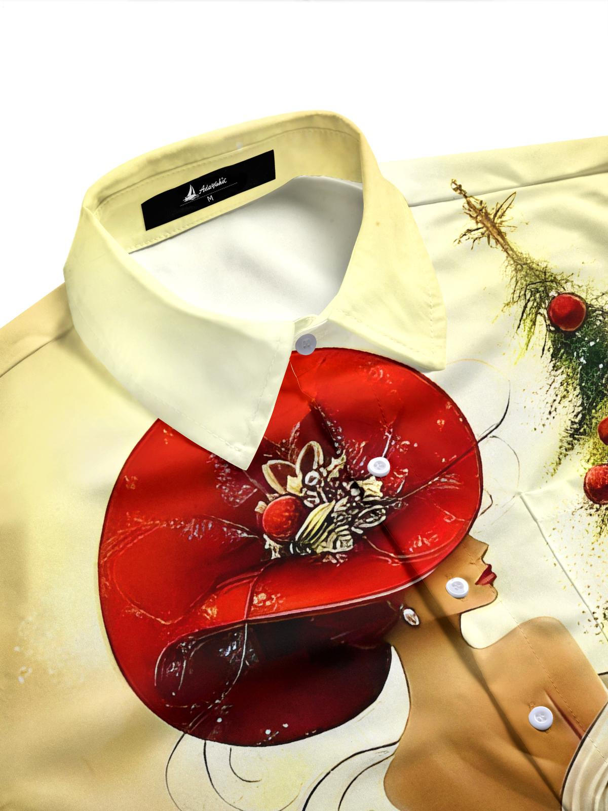Retro Beauty Gazes At Christmas Tree Xmas Men's Pocket Long Sleeve Shirts