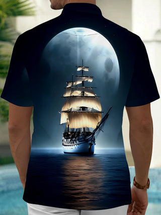 men's blue striped short sleeve shirt back view