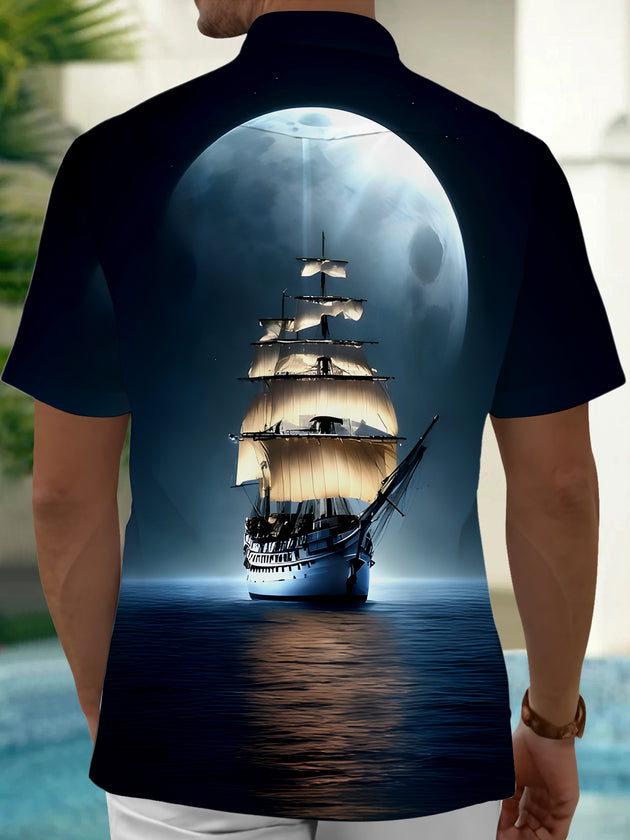 men's blue striped short sleeve shirt back view