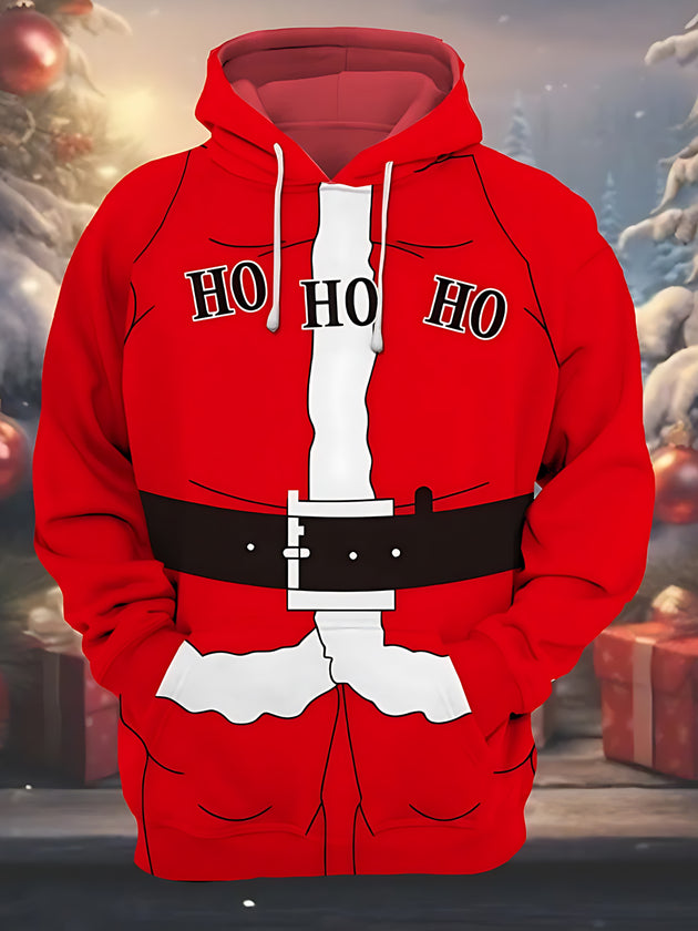 Men's Christmas print long sleeve hoodie front view for holiday party