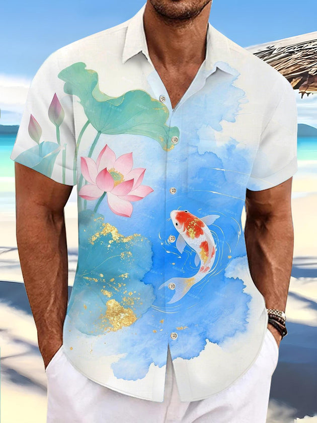 Koi Carp Lotus Watercolor Print Men's Pocket Short Sleeve Shirts